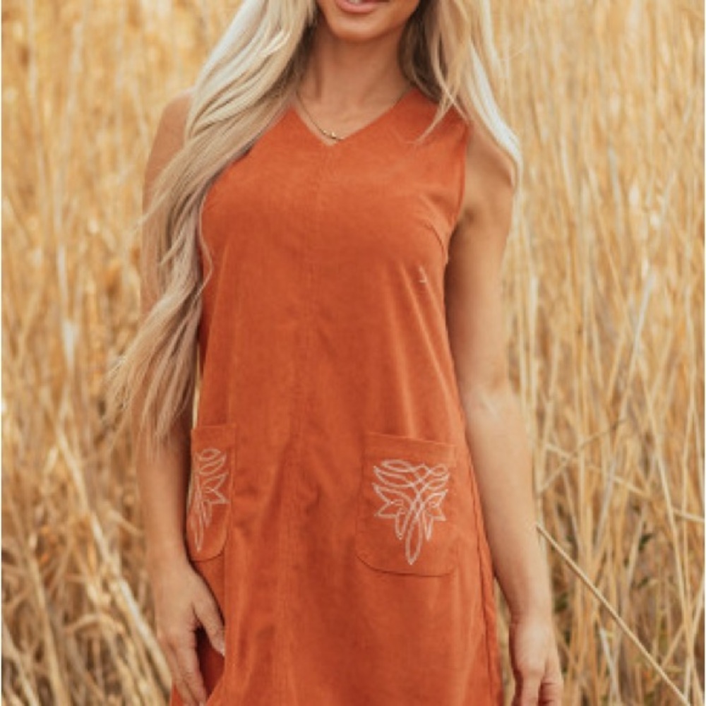 Sleeveless Rust Brown Shift Dress with Embroidered Pockets